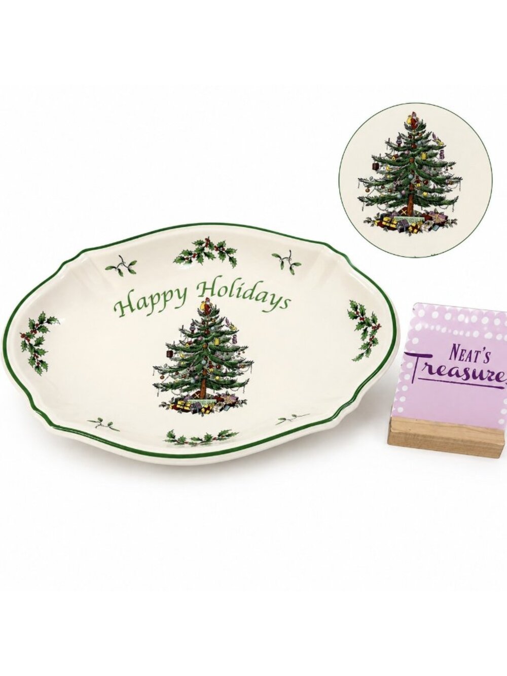 Spode CHRISTMAS TREE Happy Holiday Earthenware 11" Oval Serving Tray Bread Dish